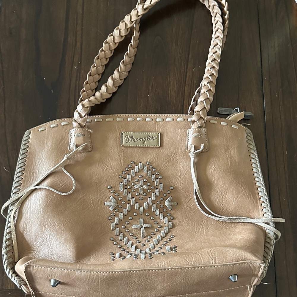 Wrangler Beige Braided-Handle Shoulder Bag with Stud Detail